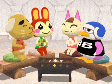 a group of cartoon characters are sitting around a fire pit with one wearing a shirt with the letter b on it
