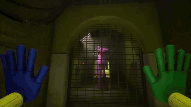 a purple stuffed animal is behind bars in a cell .