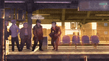 a video game character named takemi wajima is standing on a train platform