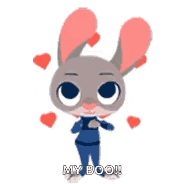 a cartoon rabbit is surrounded by hearts and has the words `` my boo '' written on it .