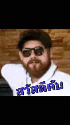 a man with a beard wearing sunglasses and a hat with a foreign language on it