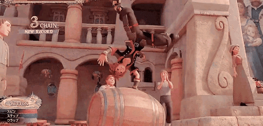 a video game screen shows a character falling off a barrel