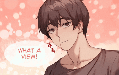 a man with a speech bubble that says what a view on it