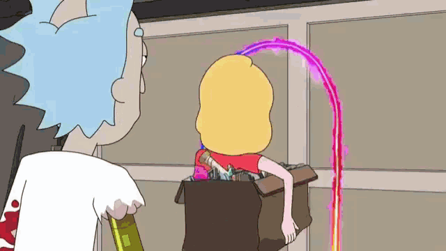 a cartoon of rick and morty standing next to a trash can