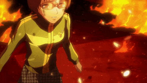 a girl with glasses is standing in front of a fire with the letter g on her jacket
