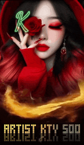a woman in a red hat is holding a rose in front of her eye and the word artist is on the bottom right