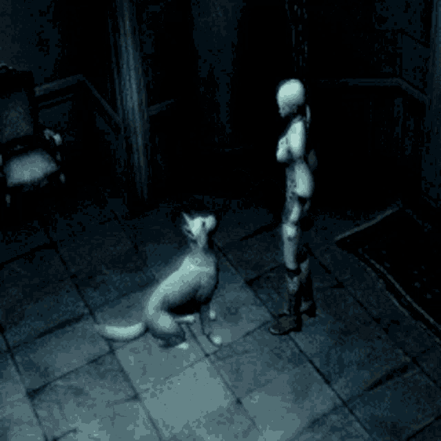 a woman standing next to a white dog on a tiled floor