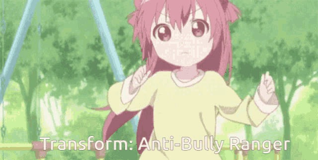 a little girl with pink hair and the words transform anti-bully ranger in the background