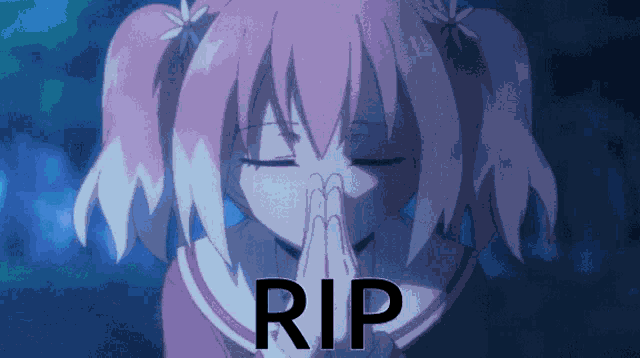 a girl with pink hair is praying with the word rip written below her