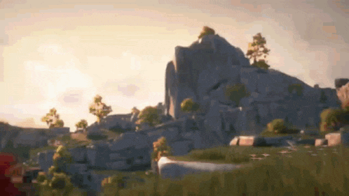 a video game scene with a mountain in the background and trees in the foreground