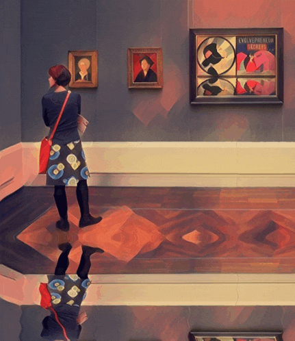 a woman stands in front of a painting that says " evolvepreneur "