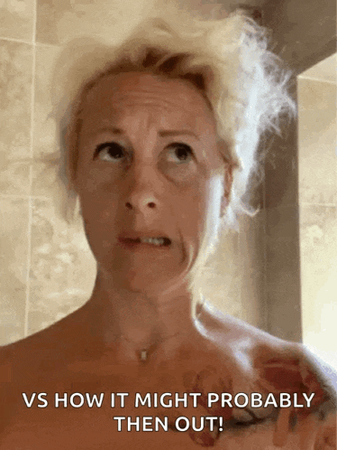 a woman with a tattoo on her chest is looking up at something with the words " vs how it might probably then out " above her