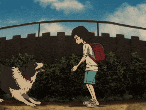 a boy with a red backpack stands next to a black and white dog