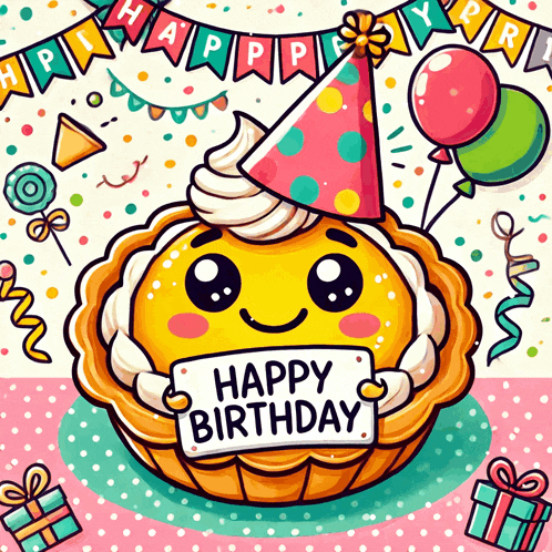 a cartoon illustration of a cake holding a happy birthday sign
