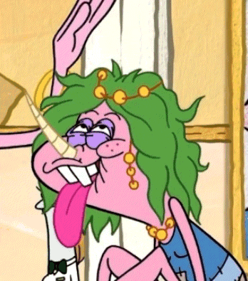 a cartoon character with green hair and a unicorn horn sticks out her tongue