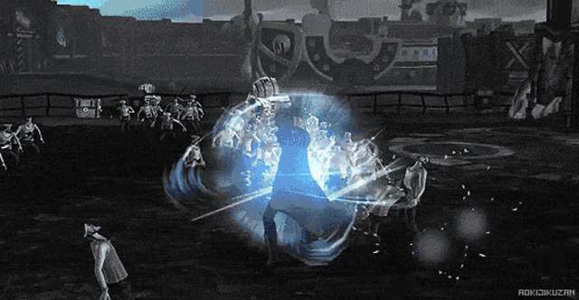 a black and white image of a video game with the letters aoki on the bottom right corner