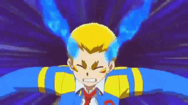 a pixel art drawing of a man with blue hair and a yellow shirt and tie .