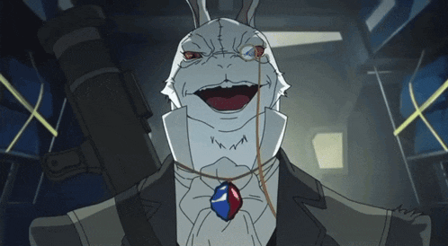 a cartoon drawing of a rabbit with glasses and a pendant