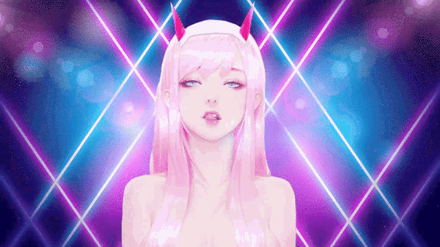 a girl with pink hair and horns is standing in front of a neon background