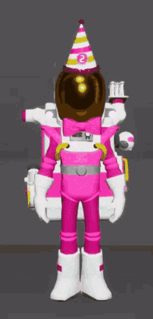 a cartoon character is wearing a pink space suit and a party hat with the number 2 on it .