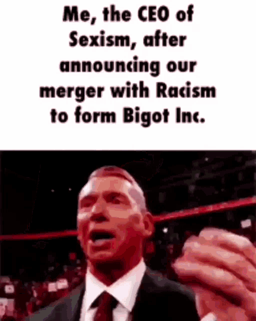 a man in a suit and tie is making a funny face while talking about sexism .