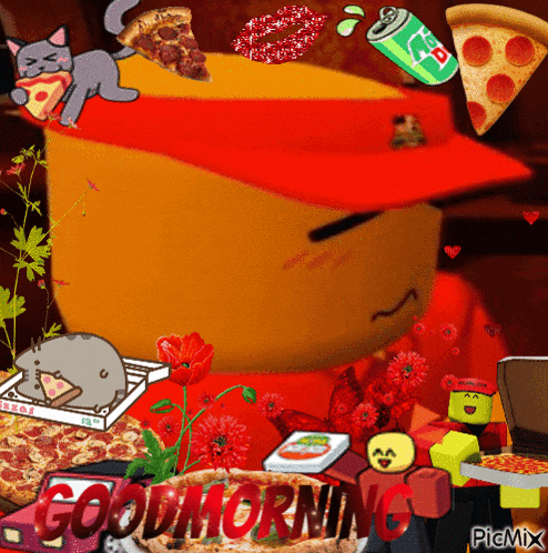 a cartoon character is surrounded by pizza and flowers and the words good morning are on the bottom