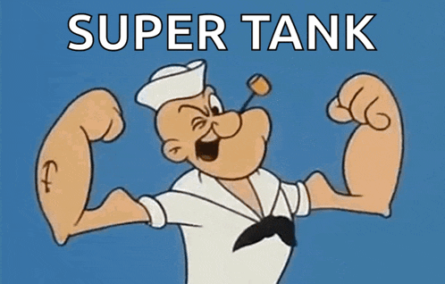 a cartoon of popeye flexing his muscles with the words super tank behind him