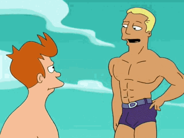 a shirtless cartoon character talking to another shirtless cartoon character in purple underwear