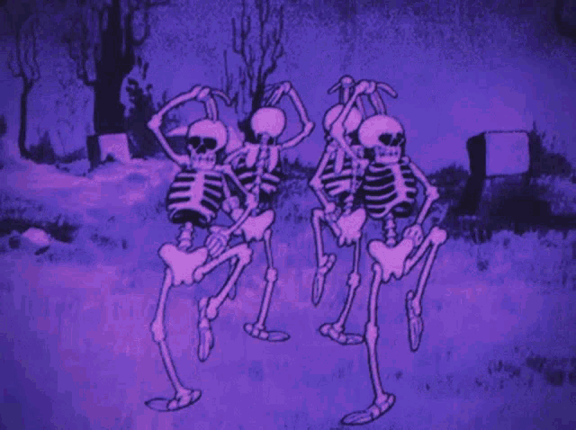 a group of skeletons are dancing in a cemetery in a purple light .