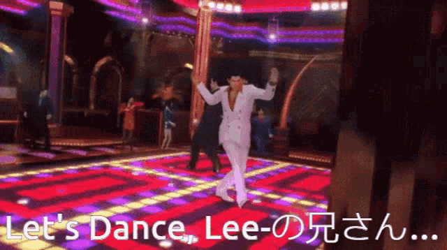 a man in a white suit is dancing on a dance floor with the words let 's dance lee written below him