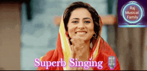 a woman is smiling in front of a microphone and the words superb singing
