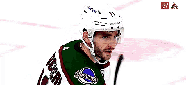 a hockey player wearing a green and white jersey with the number 14 on it