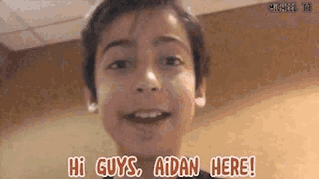 a young boy is making a funny face and saying hi guys . aidan here !