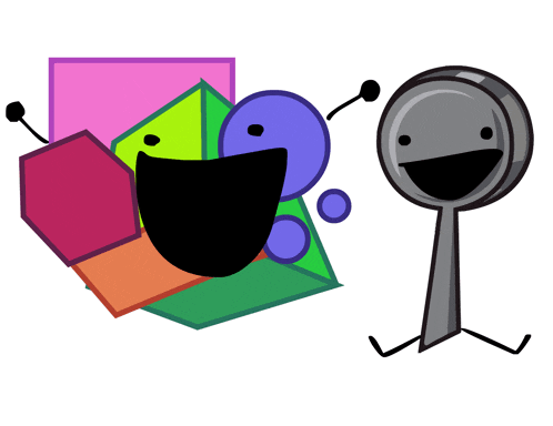 a cartoon character with a smiley face is standing next to a bunch of colorful geometric shapes