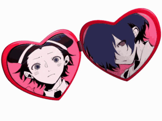 a pair of heart shaped mirrors with a boy and a girl on them