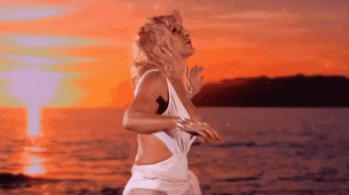 a woman in a white dress is standing on a beach at sunset .