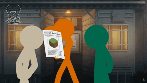three stick figures are looking at a minecraft game icon poster