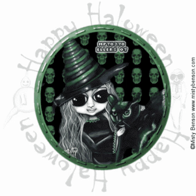 a picture of a witch and a black cat with the words happy halloween written around it