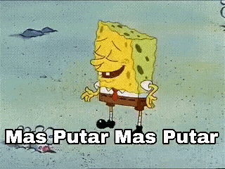 a cartoon of spongebob squarepants laughing with the words `` mas putar mas putar '' written above him .