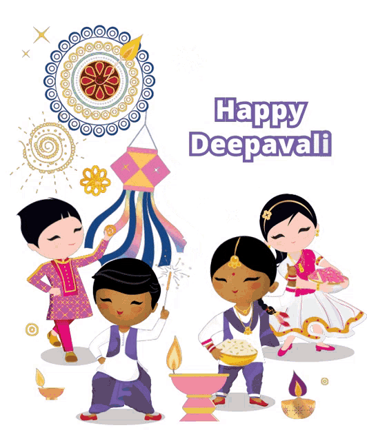 a poster that says happy deepavali with a group of children