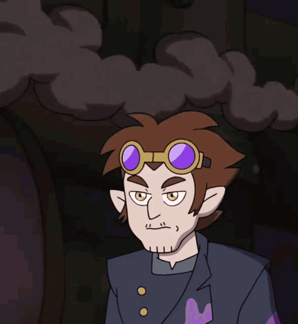 a cartoon character with a goggles on his head and smoke coming out of his head