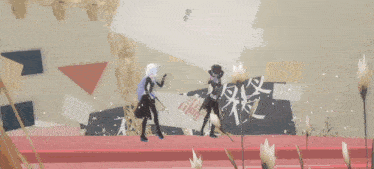 two anime characters are dancing in front of a wall with chinese characters on it