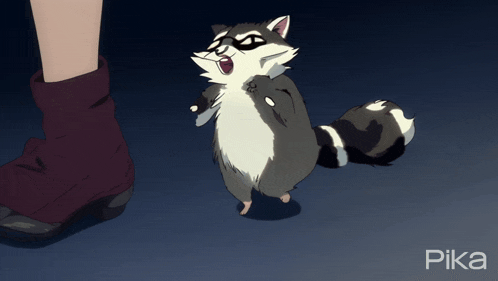 a drawing of a raccoon standing next to a person 's foot with pika written below it