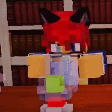 a minecraft character is sitting on a wooden table