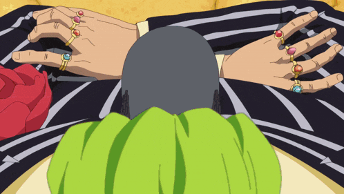 a cartoon character with rings on his fingers