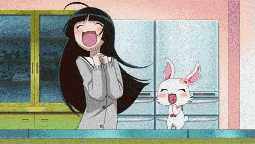 a girl is laughing while standing next to a white rabbit with pink ears