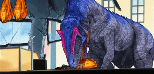 a cartoon drawing of a blue dinosaur eating a piece of meat