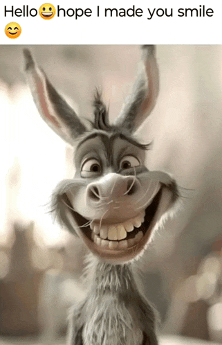 a picture of a donkey smiling with the words hello hope i made you smile