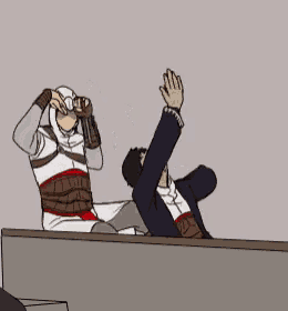 a cartoon of a man looking through binoculars while another man throws his hand in the air