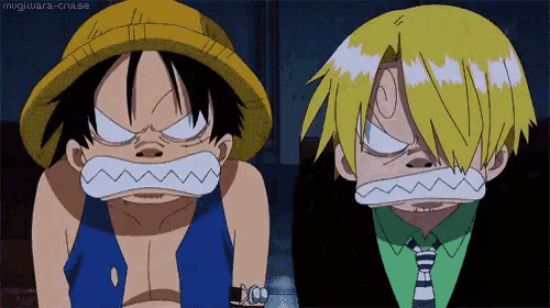 monkey d luffy and sanji from one piece with their mouths taped together